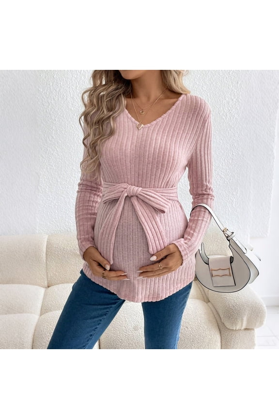 V Neck Tops, Maternity V Neck Ribbed Belt Long Sleeve Side Drawstring Pregnancy Blouse
