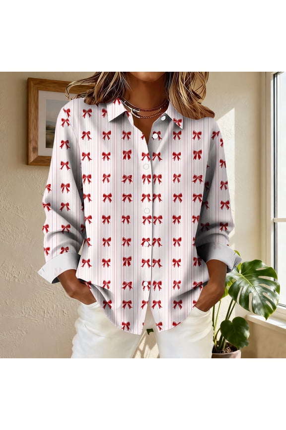 White Collar Shirt Women,Printed Button Down Blouse with Contrast Cuff and Collar Details