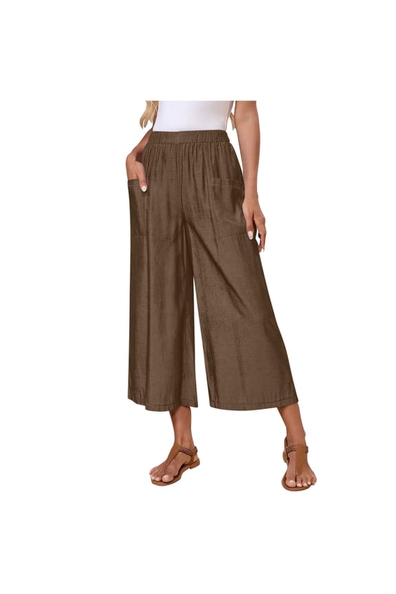 Wide Leg Elastic Waist Pants for Women, Cropped Casual Work Hiking Walking with Pockets