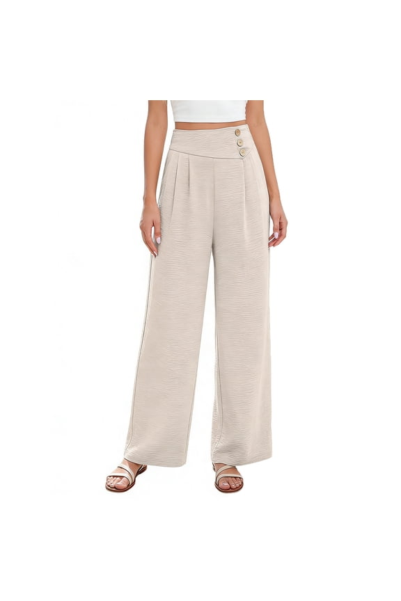 Wide Leg Pants for Women, Elastic Waist, Solid Color, Straight Casual Pants, Linen Blend, Ankle Length, 1Pc