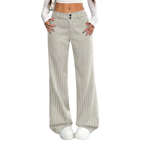 Ahabrexf Wide Leg Pants for Women, Lengthwise Pinstripe Button Waist Straight Wide-Leg Pants Casual Work Trousers for Daily Wear