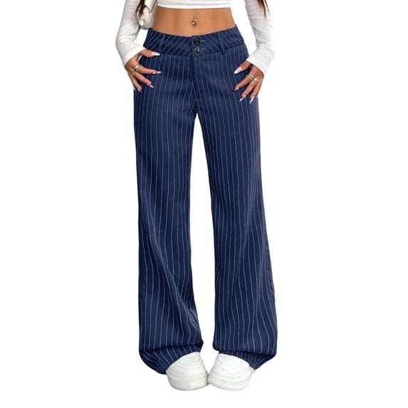Ahabrexf Wide Leg Pants for Women, Lengthwise Pinstripe Button Waist Straight Wide-Leg Pants Casual Work Trousers for Daily Wear