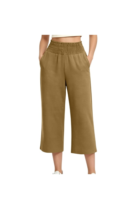 Wide Leg Pants for Women, Smocked High Waist Cropped Gaucho Pants with Side Pockets Casual Summer Cropped Trousers