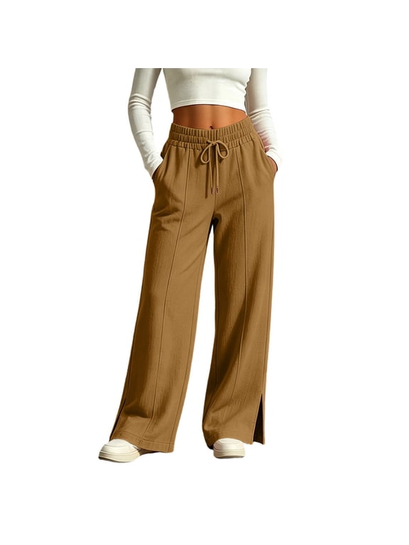 Wide Leg Pants for Women, Stretchy Drawstring Waist Split Hem Natural Fiber Linen Trousers with Pockets for All Season Wear
