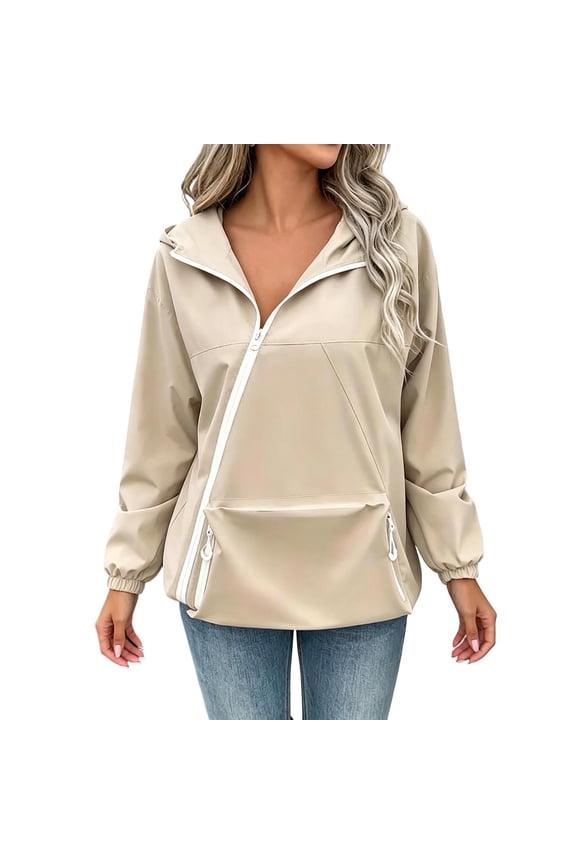 Windbreaker Jacket for Women, Hooded Half Zip Windproof Casual Outerwear with Zipper Pockets for Daily Outdoor Wear
