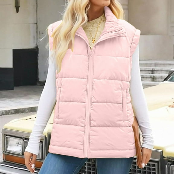 Ahabrexf Zipper Hoodie Women, Winter Puffer Vest Stand Collar Sleeveless Long Coat Jacket with Pockets