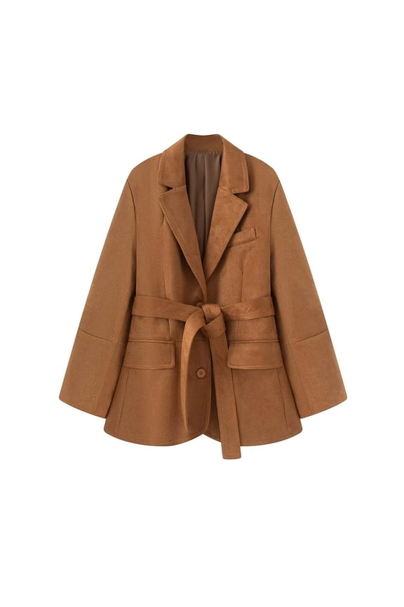 Long Winter Jackets for Women, Single-Tone Lapel Button Jacket with Strap Waist and Pockets