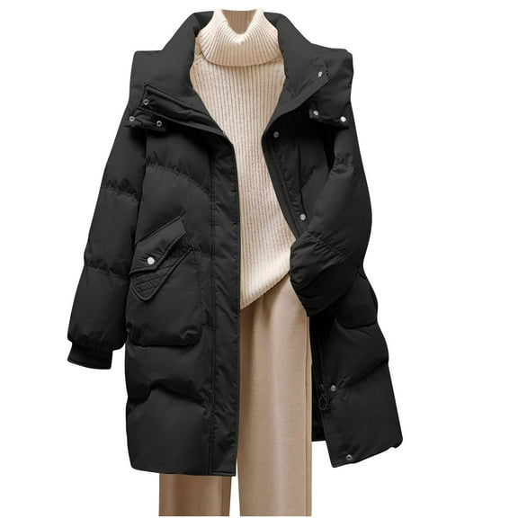 Ahabrexf Women's Winter Jacket Winter Mid to Long Length Loose and Fashionable Thick Warm Jacket Long Sleeved Jacket