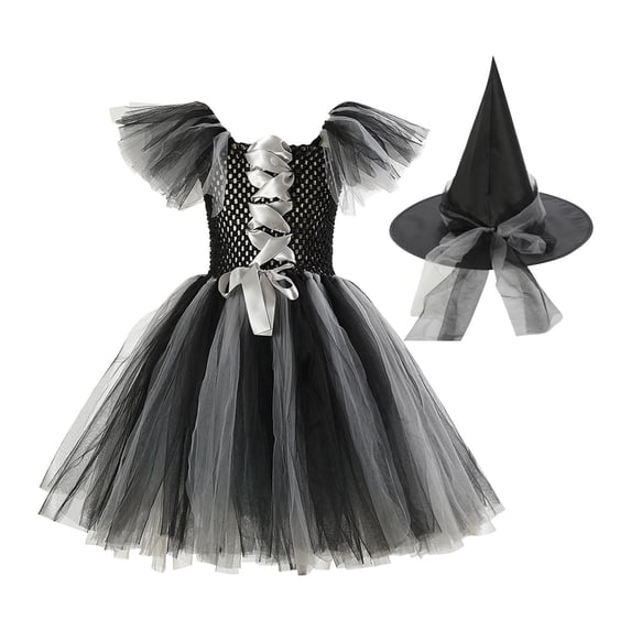 Ahabrexf Witch Costume for Girls with Hat, Halloween Color Blocked Mesh Dress for 3-4 Years