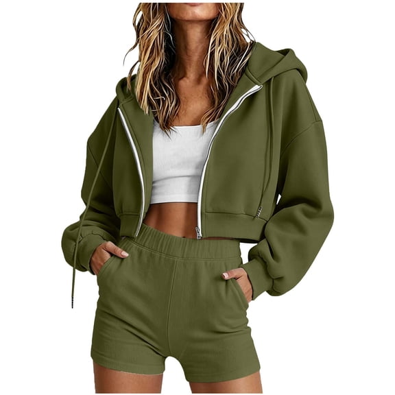 Ahabrexf Women 2 Piece Crop Tracksuit Set, Full Zip Hooded Long Sleeve Crop Sweatshirt and High Waist Pocket Casual Shorts Soft Fleece Loungewear Outfit