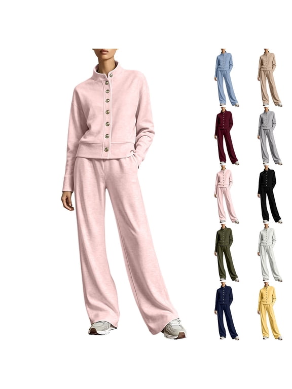 Women 2 Piece Outfits Button Down Cardigan Sweatsuit Wide Leg Pants Set Casual Fall Winter Tracksuit with Pockets