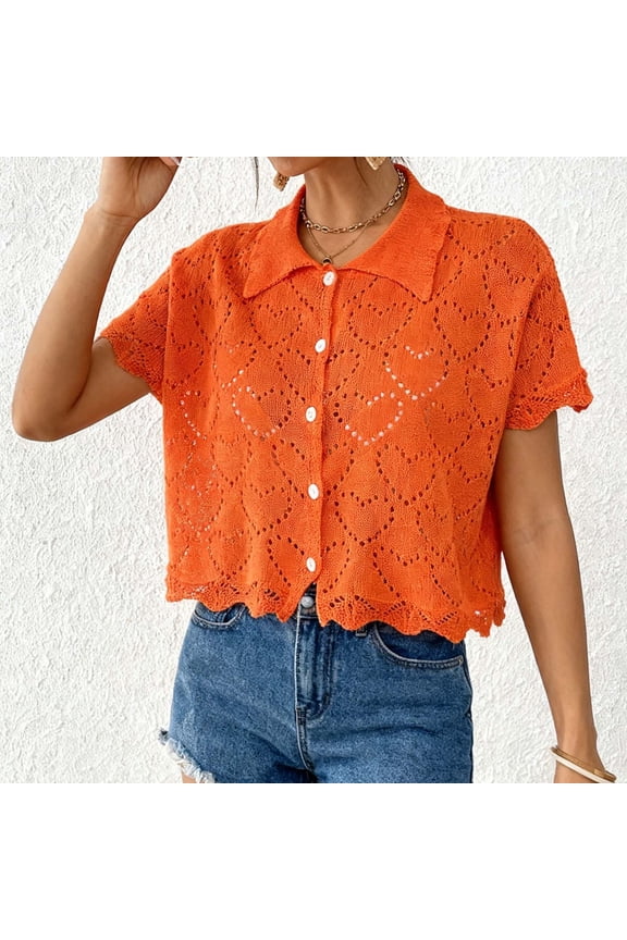 Short Sleeve Tops for Women, Solid Color Lace Hollowed Out Blouses, Button up Turndown Collar, Summer Tops