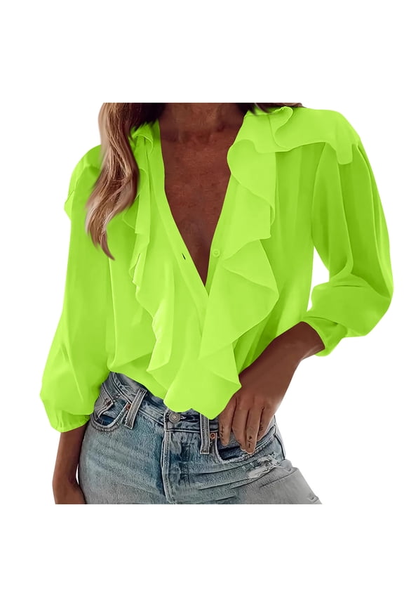 2 Pc Outfits for Women Summer, Casual Solid Long Sleeve Ruffle V-Neck Shirt and Blouse Tops