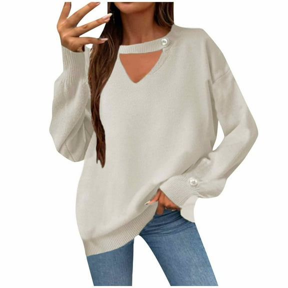Ahabrexf Fall Sweaters for Women, Comfortable Casual Solid Color Long Sleeve Round Neck Top