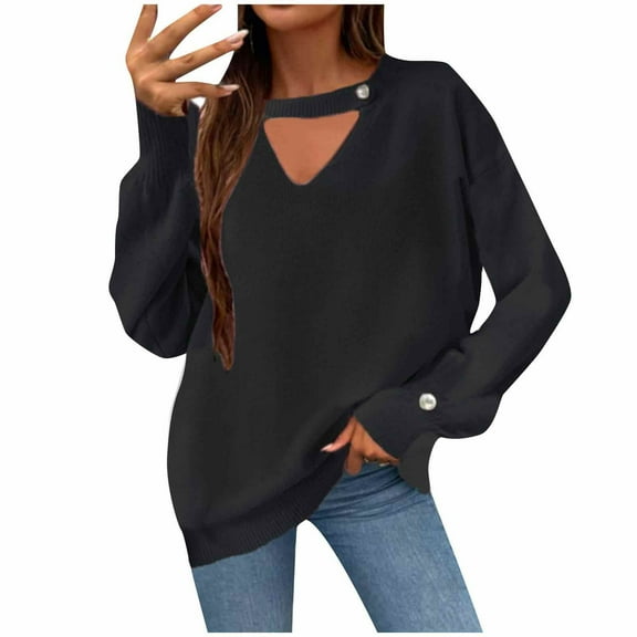 Ahabrexf Fall Sweaters for Women, Comfortable Casual Solid Color Long Sleeve Round Neck Top