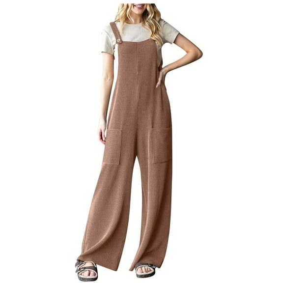 Ahabrexf Women's Fashion Solid Sleeveless Jumpsuit with Pockets and Full Length Pants Overalls