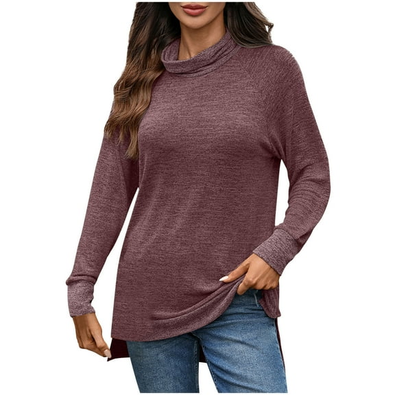 Ahabrexf Blouses for Women, Fashionable Long Sleeves T-Shirt Loose Casual Solid Color Top