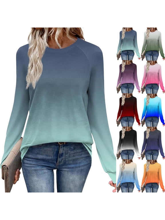 Women Long Sleeve Tops Casual Ombre Printed Round Neck Lightweight T-Shirt Relaxed Fit Raglan Sleeve Top for Everyday Wear