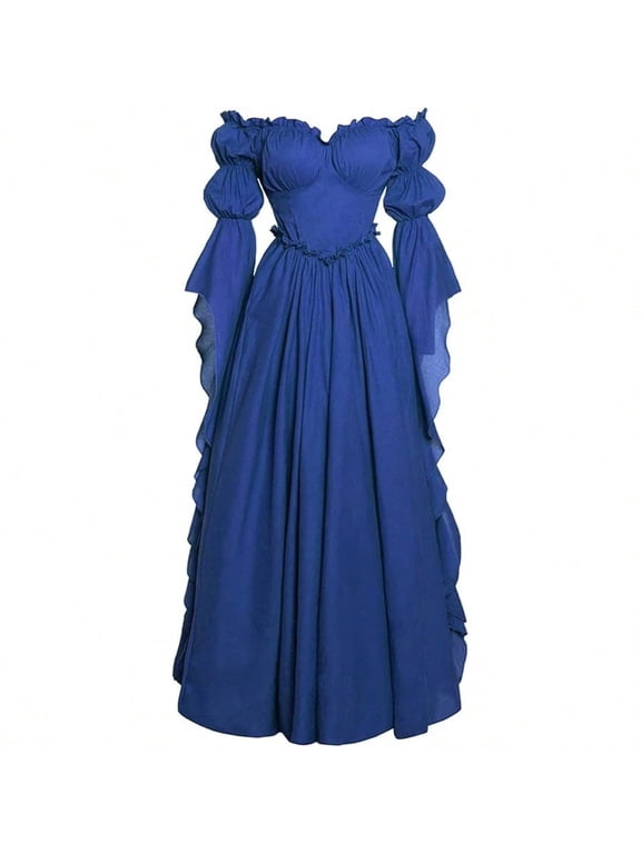 Women Off Shoulder Ruffle Puff Bell Sleeve Maxi Dress, Corset Bodice Flowy A Line Solid Renaissance Medieval Gown