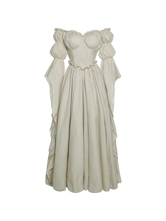 Women Off Shoulder Ruffle Puff Bell Sleeve Maxi Dress, Corset Bodice Flowy A Line Solid Renaissance Medieval Gown
