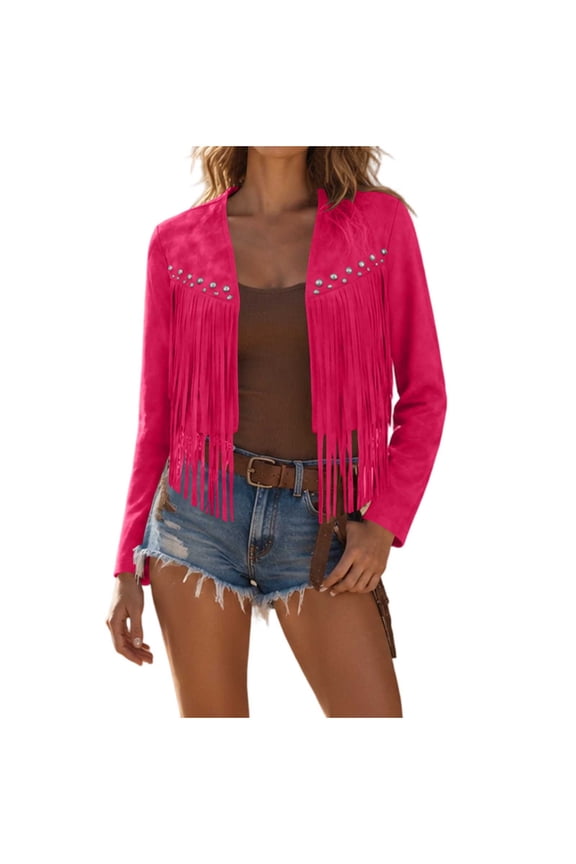 Women Open‑Front Cropped Western Jacket, Long‑Sleeve Studded Fringe Faux‑Suede Solid Casual Outerwear for Music Festival Summer Fall