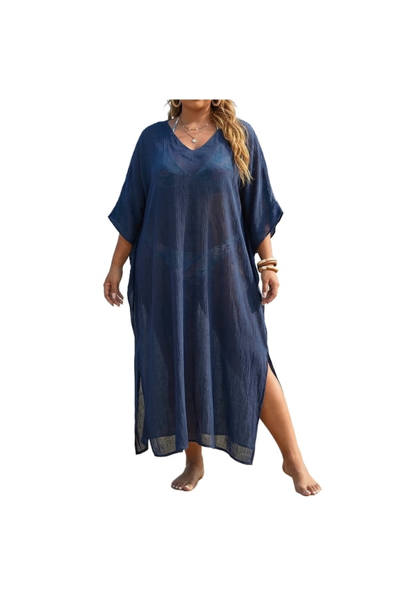 Women Plus Size Dress V Neck Loose Smock Style Casual Shawl 1Pc