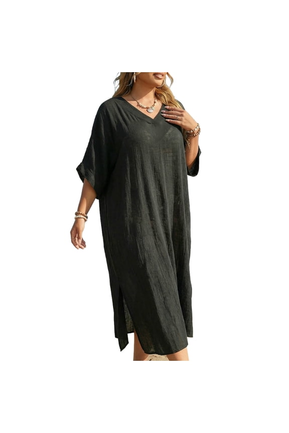 Women Plus Size Dress V Neck Loose Smock Style Casual Shawl 1Pc