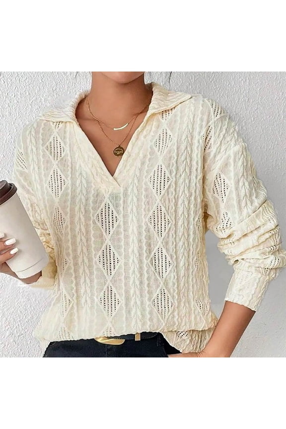 Women's Casual Patterned Mesh Crocheted Flower Shaped Shoulder Long Sleeve Top