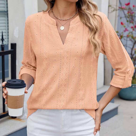 Ahabrexf Sweaters for Women Casual,Fashion Solid Color V-Neck 3/4 Sleeve Button Loose T-Shirt