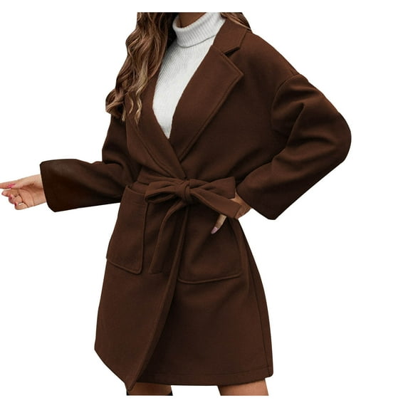 Ahabrexf Coats for Women Women's Solid Color Short Style Belt Lapel Baggy Tweed Coat Coat Trench Coat Belts for Women