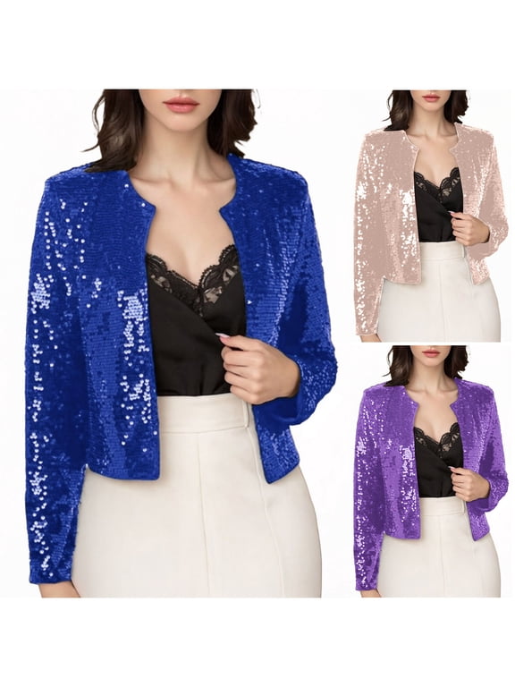 Women Sequin Jacket Open Front Long Sleeve Cropped Blazer Sparkly Dressy Outerwear for Party Evening Wedding Cocktail