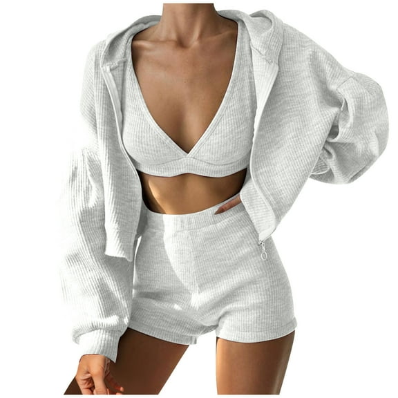 Ahabrexf Zipper Hooded Set, Women's Solid Color Loose Long Sleeve 3 Pc Casual Outfit