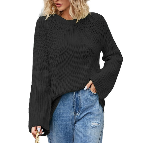 Ahabrexf Sets for Women, Solid Round Neck Fashion Loose Pullover Knitwear Sweater