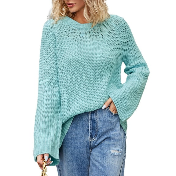 Ahabrexf Sets for Women, Solid Round Neck Fashion Loose Pullover Knitwear Sweater