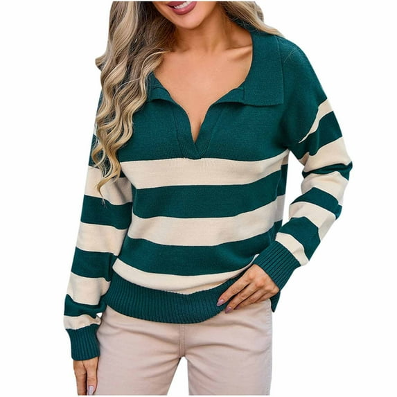 Ahabrexf Blouses for Women, Striped Patchwork Knitted Long Sleeve Crewneck Sweater