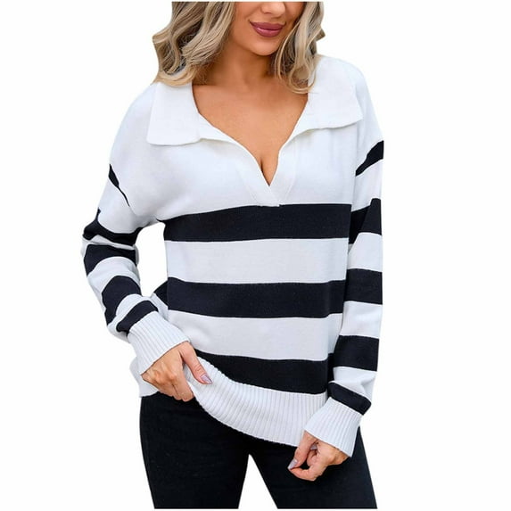 Ahabrexf Blouses for Women, Striped Patchwork Knitted Long Sleeve Crewneck Sweater