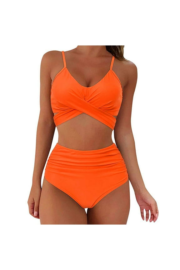 Two Piece Swimsuit for Women Wrap Cutout Push Up High Waist Solid Color Bikini Set