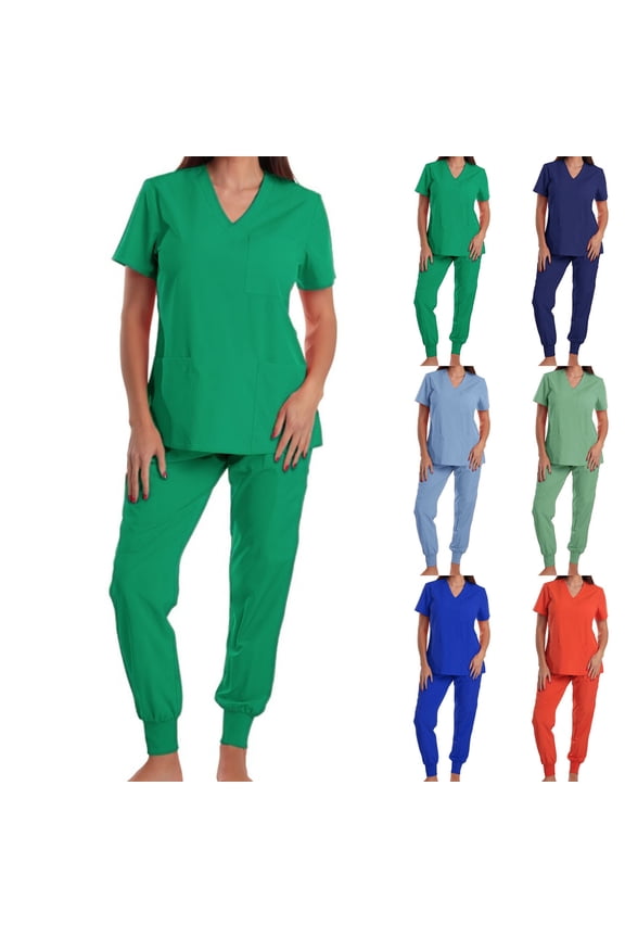 Women V Neck Short Sleeve Scour Set - Soft Polyester Comfortable Workwear for Nurses Doctors - Casual Health‑Associated Uniform Top and Pants