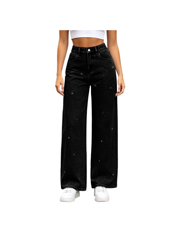 Women Wide Leg Jeans, High Waist Rhinestone Decorated Denim Pants with Pockets Casual Black Long Trousers for Daily Outdoor Wear