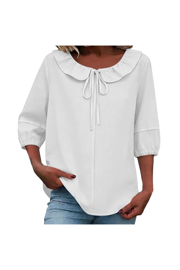Women's 3/4 Sleeve Tops for Women Linen Blend Solid Color Round Neck Ruffle Puff Sleeve Drawstring T Shirt