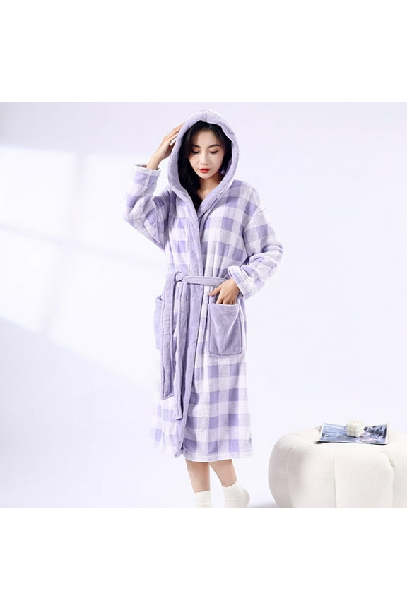 Shirt Jacket Women, Thickened Fleece Plaid Drying Absorbent Bandage Hooded Bathrobe for Women