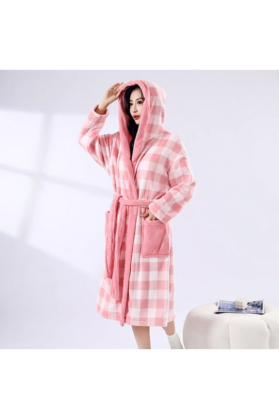 Shirt Jacket Women, Thickened Fleece Plaid Drying Absorbent Bandage Hooded Bathrobe for Women