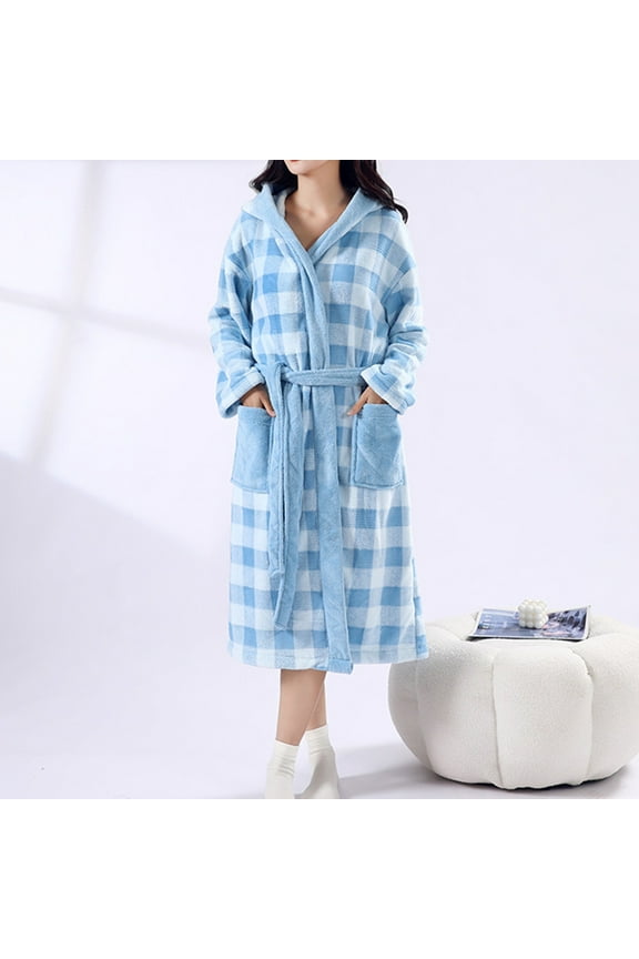 Shirt Jacket Women, Thickened Fleece Plaid Drying Absorbent Bandage Hooded Bathrobe for Women