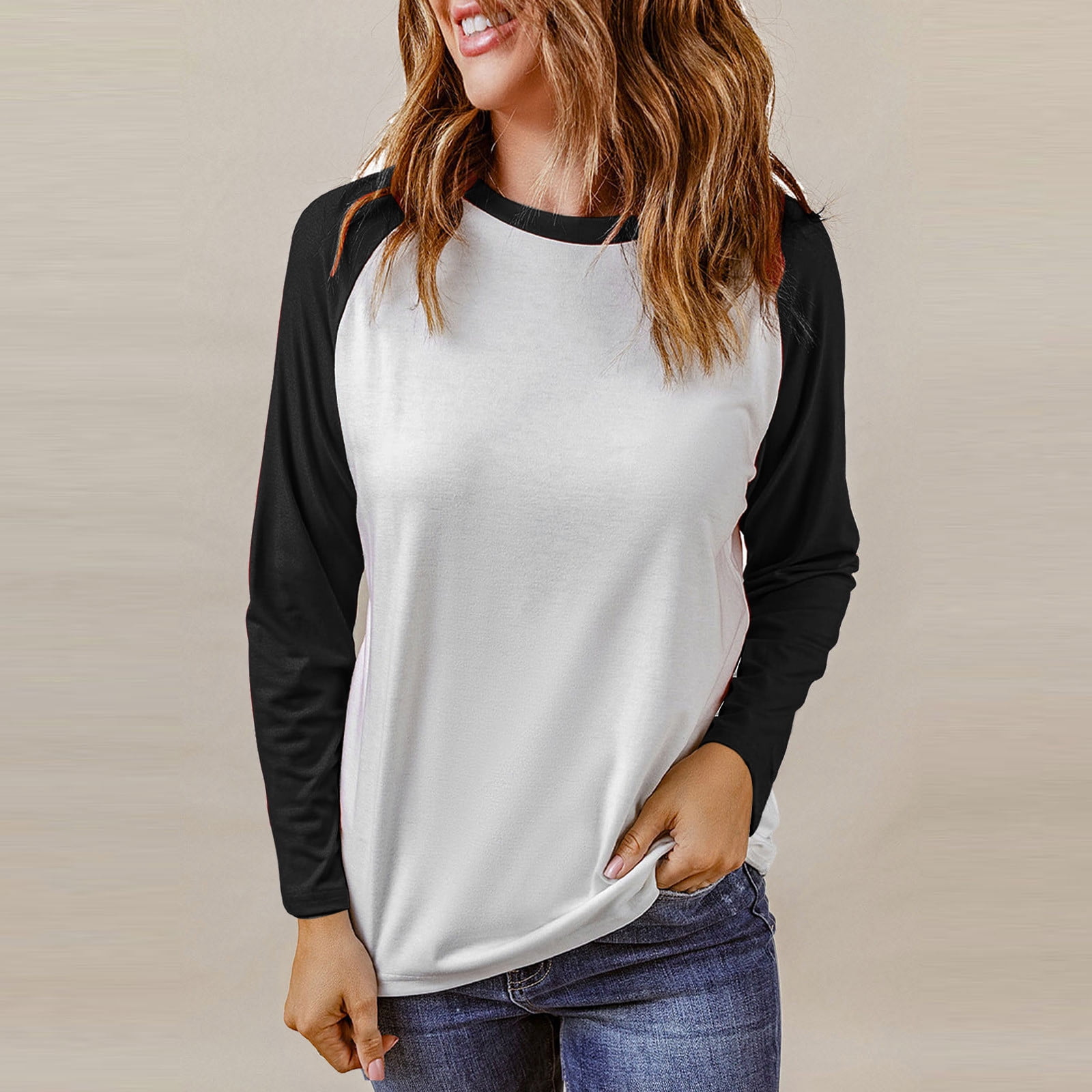 Ahabrexf Women's Blouse Spring Patchwork Long Sleeves Round Neck Casual