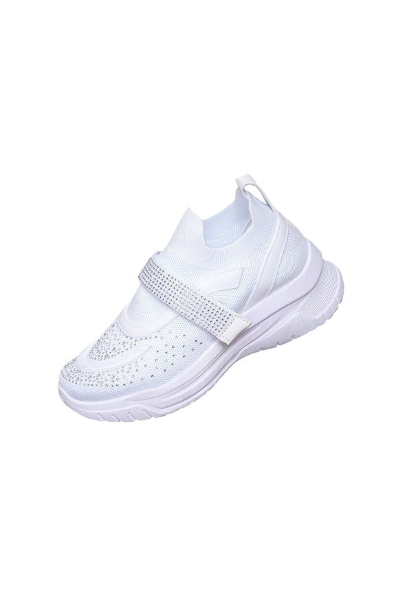 Women's Breathable Sneakers Lightweight Knit Upper with Adjustable Strap Non-Slip Thick Sole Beaded Rhinestone Casual Walking Shoes