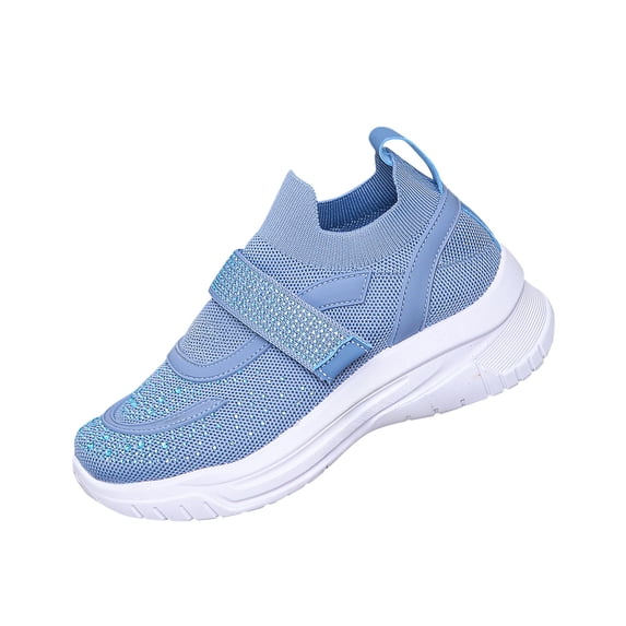 Ahabrexf Women's Breathable Sneakers Lightweight Knit Upper with Adjustable Strap Non-Slip Thick Sole Beaded Rhinestone Casual Walking Shoes