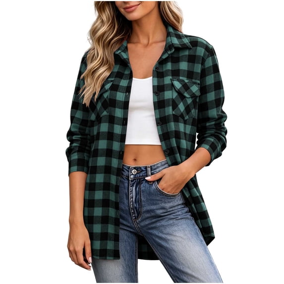 Ahabrexf Women's Buffalo-Plaid Button Down Shirt, Lapel Long Sleeve Loose Flannel Shirt Jacket with Chest Pockets, Casual Open Front Checkered Outerwear for All Seasons