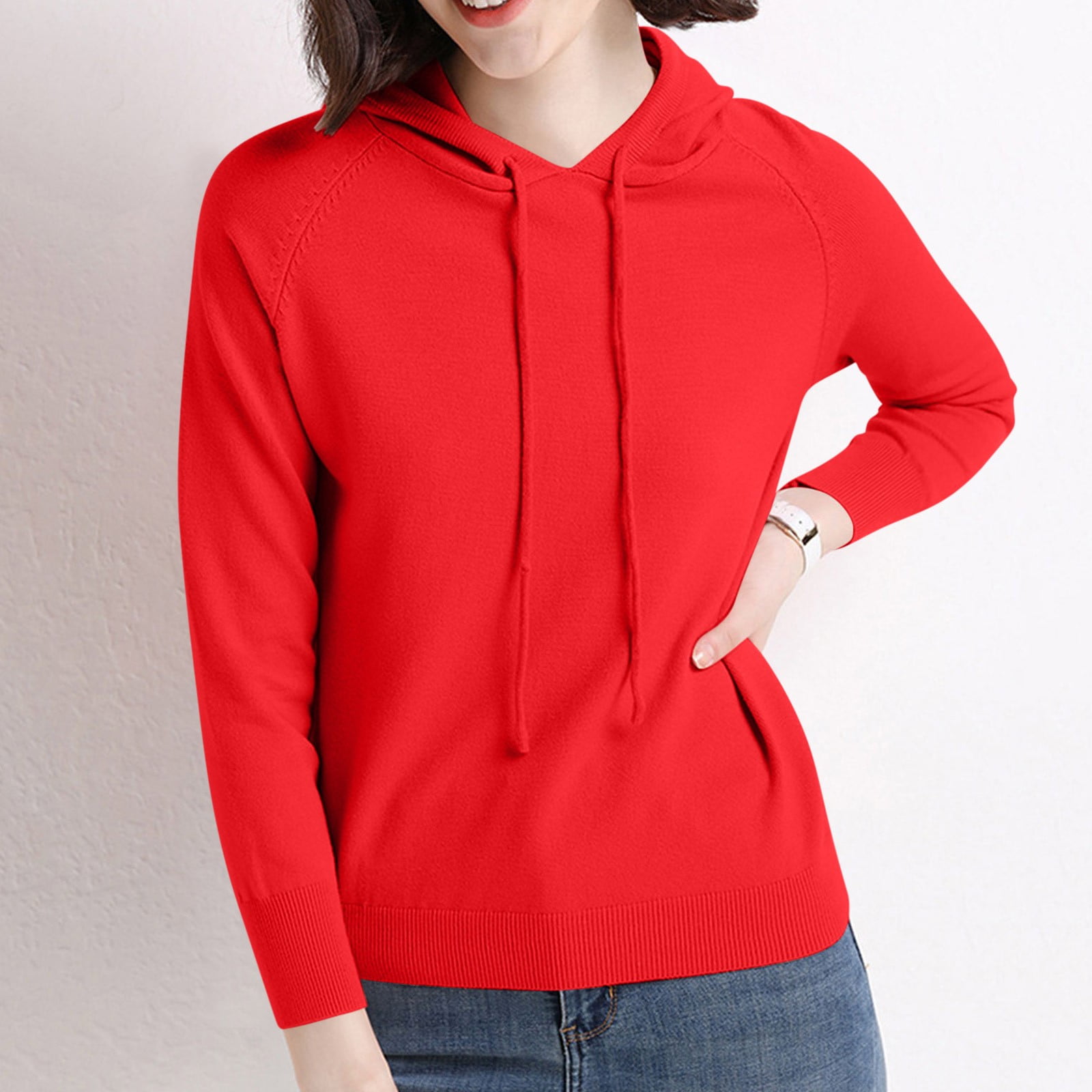 Hooded Pocket Solid Color Sweater