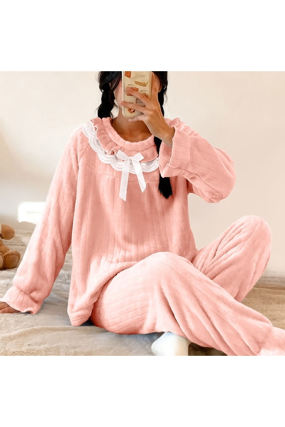 Women's Casual Home Wear Suit,Flannel Striped Lace Lounge Set for Warm Comfort