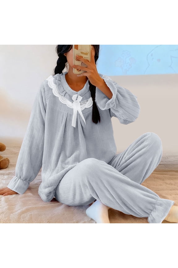 Women's Casual Home Wear Suit,Flannel Striped Lace Lounge Set for Warm Comfort